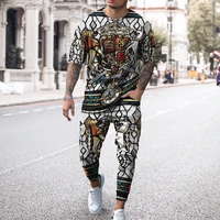 spring and summer new 3d personalized digital printing mens short sleeved pullover t shirt open to see casual two piece