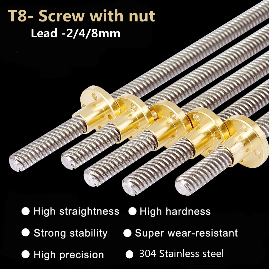 T8 Lead Screw Lead 4mm/2mm/8mm  Dia 8mm Pitch 2mm Length 200 300 400 500 600 mm Trapezoidal Spindle Screw with Brass Copper Nuts