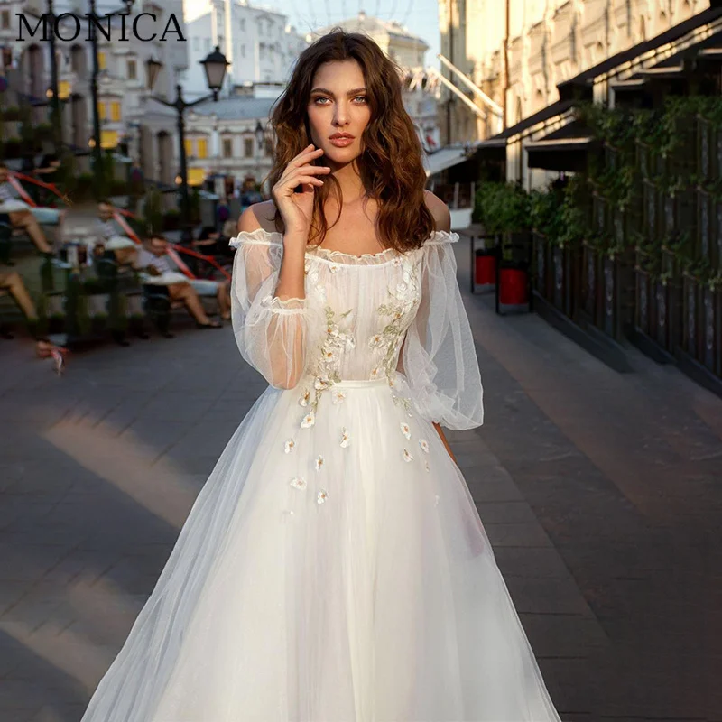 

MONICA Lantern Sleeve Wedding Dress Scoop Zipper Appliques Bride Gown Floor-Length Court Train Bestidos De Novia For Women