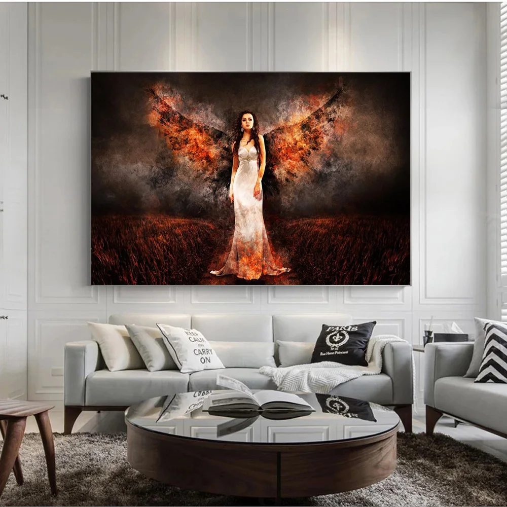 Абстрактная девушка пламя ангельские крылья холст картина дьявол постер с