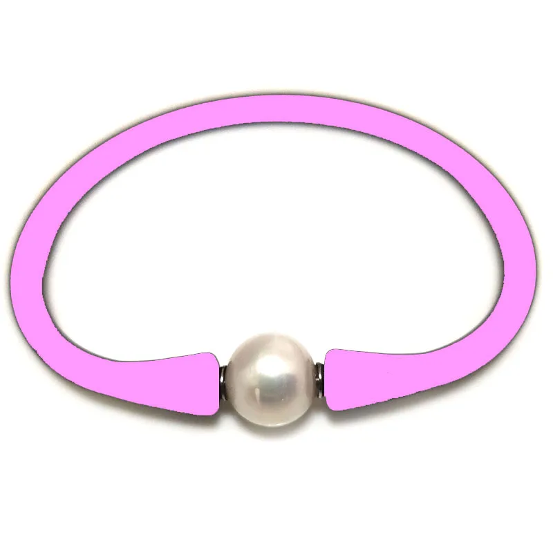 7 inches 10-11mm Natural Round Pearl Pink Rubber Silicone Bracelet