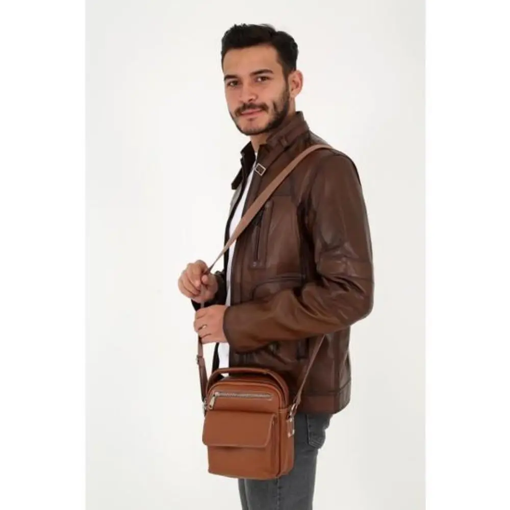 Genuine Leather Tobacco Men's Hand and Shoulder Bag