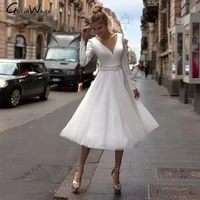 modern short a line wedding dress for bride long sleeve v neck with belt bridal wedding gown backless bride dress robe de mari%c3%a9e
