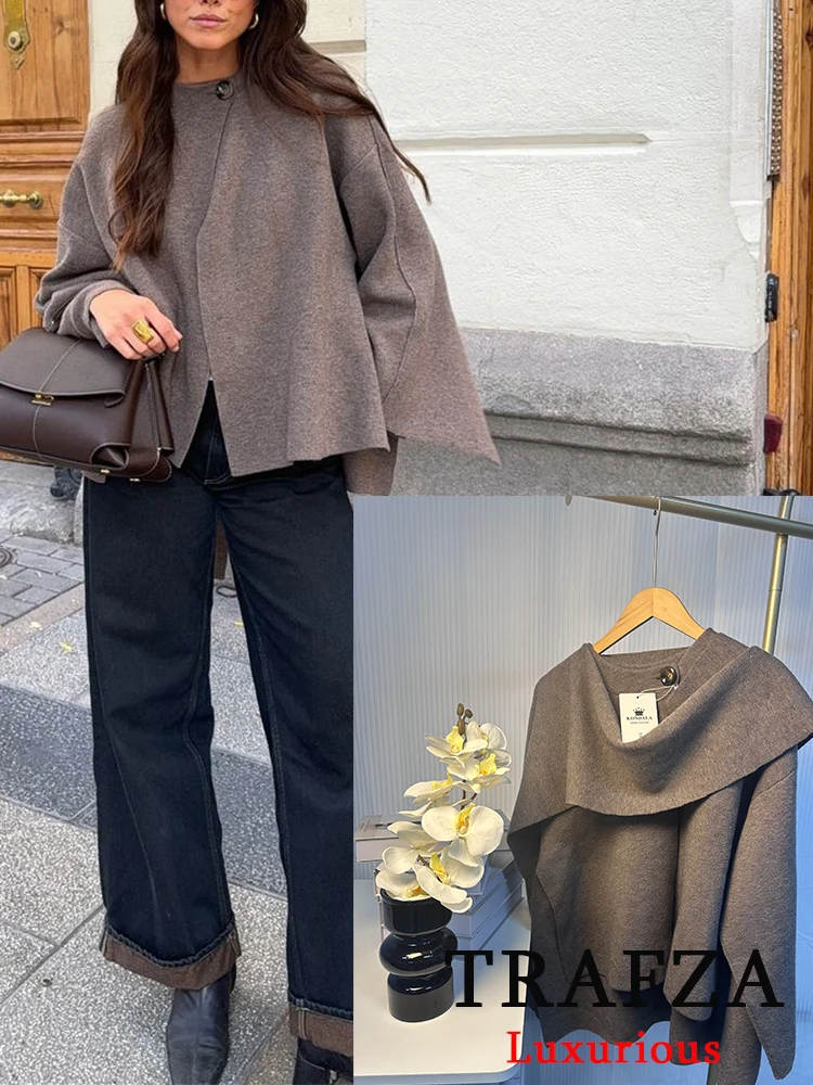 Женское трикотажное пальто с круглым вырезом и длинным рукавом