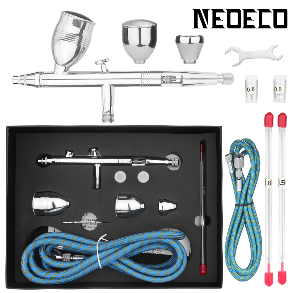 NEOECO NCT-183K Аэрограф 2cc/5cc/13cc съемные стаканы для жидкости с шлангом, 0,3, 0,5, 0,8 мм компрессионная насадка комплект