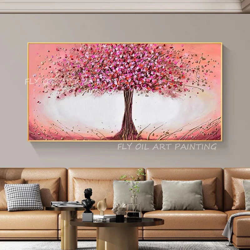 

100% Handmade pink thick knife large size tree landscape forest picture oil painting for home living room home decoration