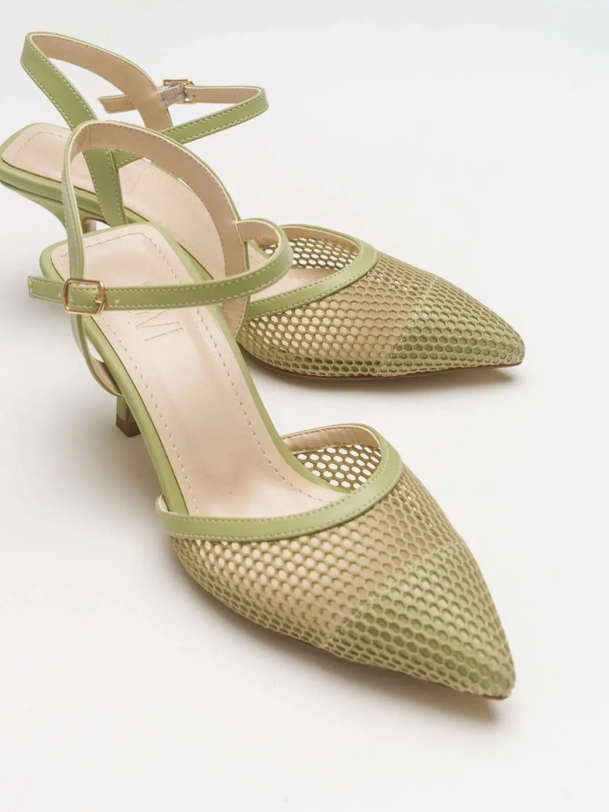 

Chic; Quality Faux Leather Heels Ankle Strap Open Back Transparent Women's Sandals Honeycomb Nude Green Beige Black Fuchsia