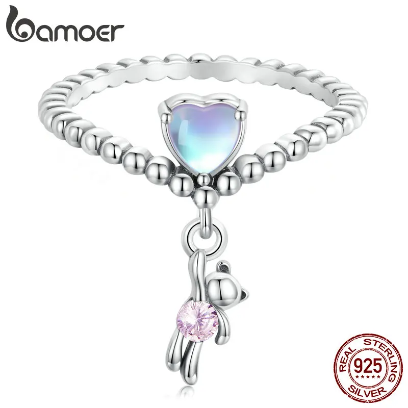 

Bamoer 925 Sterling Silver Mini Bear Balloon Open Link Rings for Women Colorful Stone Pendant Adjustable Size Ring Jewelry Gifts