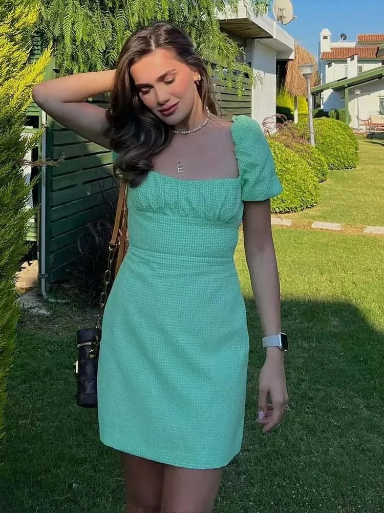 

Клетчатое платье KLKXMYT TRAF, женские мини платья с пышными рукавами для женщин, сексуальное летнее платье с открытой спиной, женское платье для ...