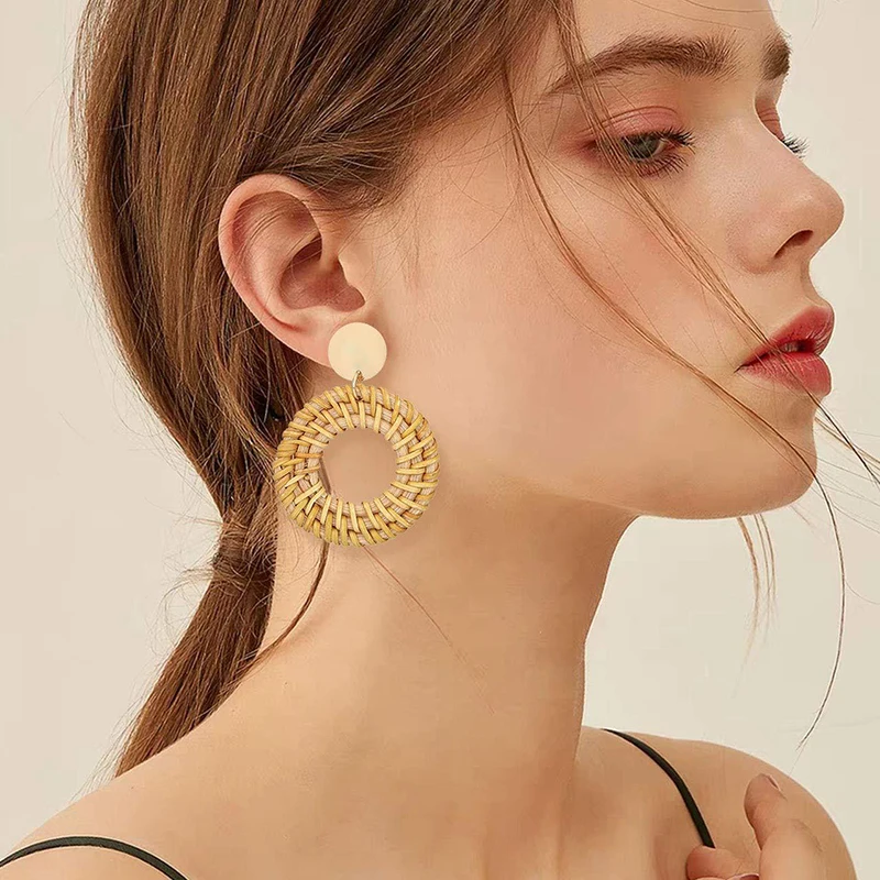

Hand-Woven Rattan Metal Earring Bohemia Style Geometric Hollow Dangle Earrings for Women Pendientes Jewelry Gift