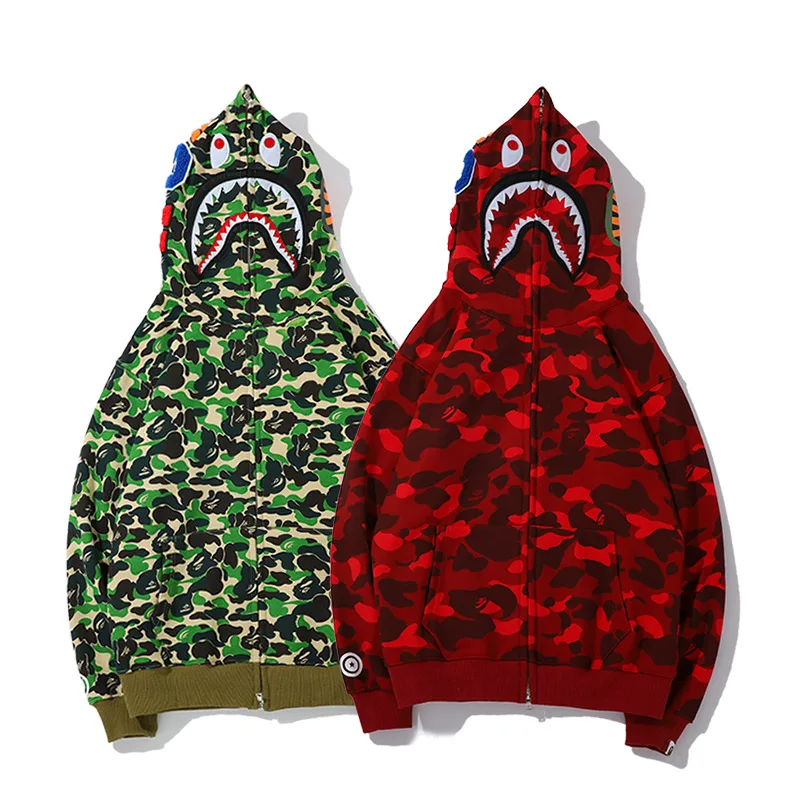 

Shark Head Camouflage Hoodie Men's And Women's Painted Wool Fabric Full Zip Up Sweater Wholesale 100% Cotton Men's Bape Hoodie