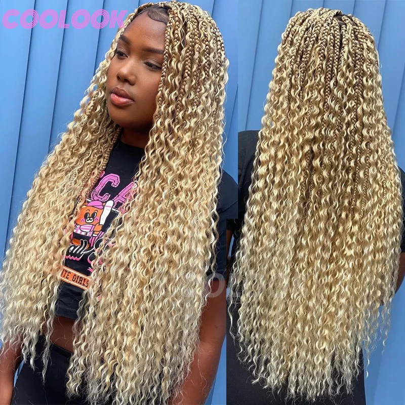 613 Блондинка в богемном стиле косички синтетические 32 дюйма полный парик спереди