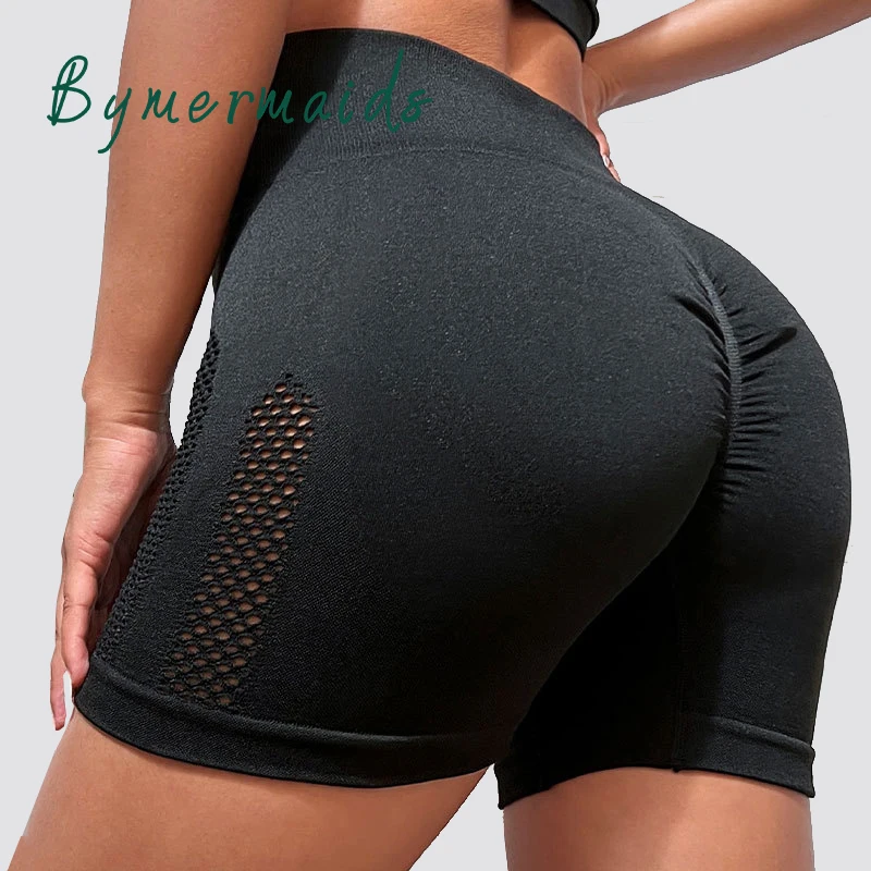 

Bymermaids️ New Women Seamless Shorts Yoga Sports Shorts High Waist Elastic Fitness Pants Gym Workout Hollow Breathable Leggings