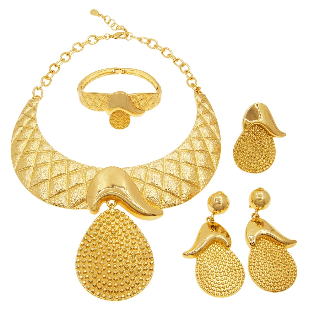 Jewelry Sets For Women Plating Gold Color Large Pendant Necklace Earring Bracelet Everyday Wear Nigerian Style Design