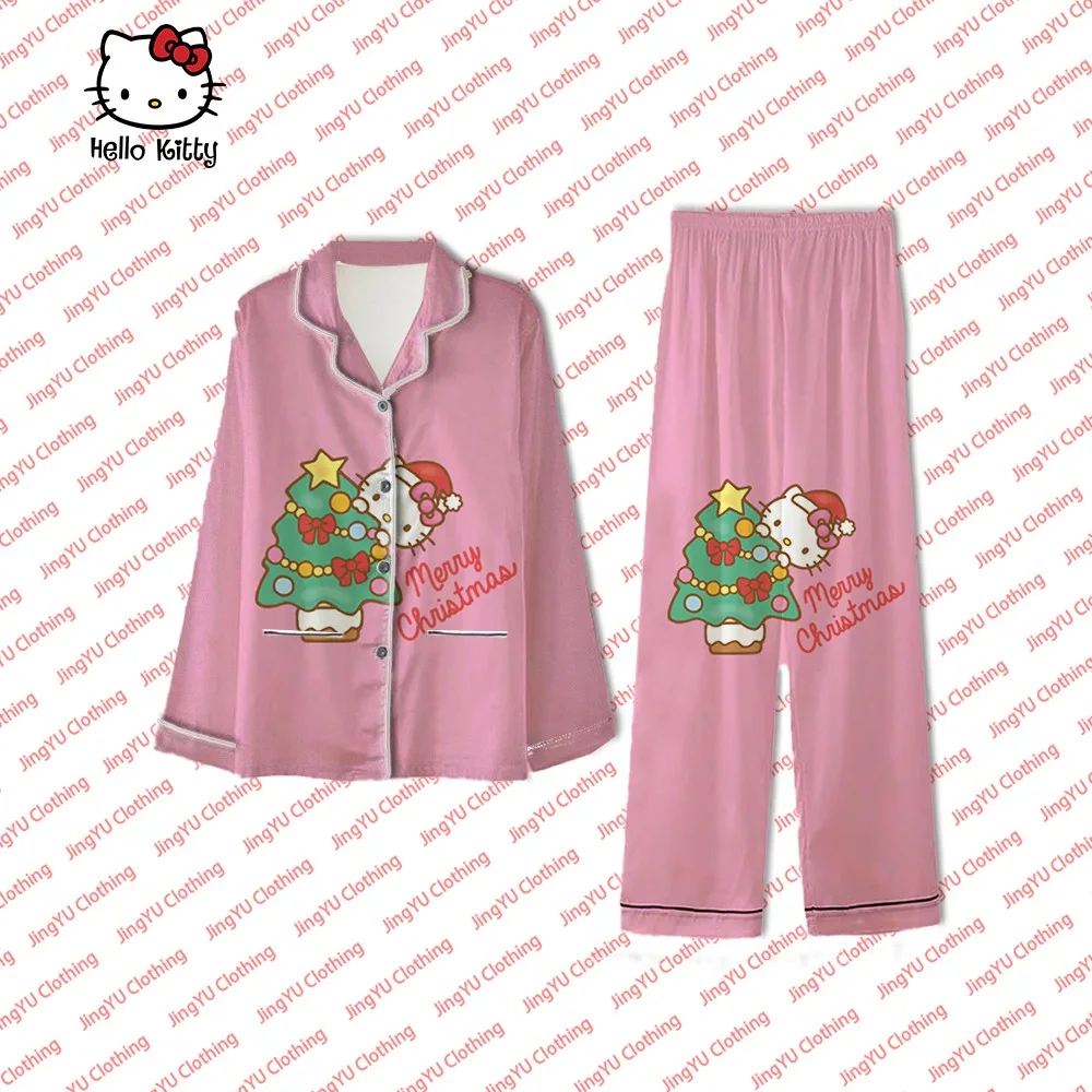 

Autumn and winter Christmas Hello Kitty pajamas for women Sanrio pink anime long-sleeved pants kawaii cartoon girls sportswear t