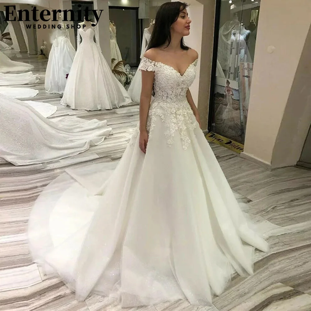 

Shiny Sweetheart Lace Appliques Wedding Dress A Line Beading Bridal Gowns Off The Shoulder Sweep Train Glitter Robe De Mariée