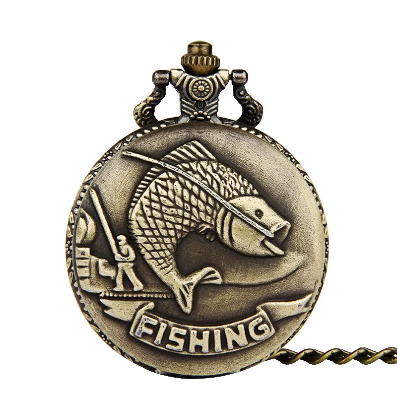 

Vintage Luxury Fish Carving Quartz Pocket Watch for Men Women 3D Engraved Hollow Case Fob Chain Bronze Clock for Collection Gift