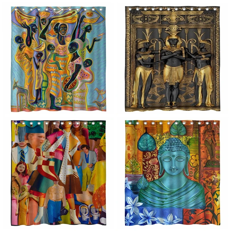 

Ancient Black Egyptian Art Leisure Retro Rainbow Fashion Collage Meditation Buddha Religious Shower Curtain By Ho Me Lili