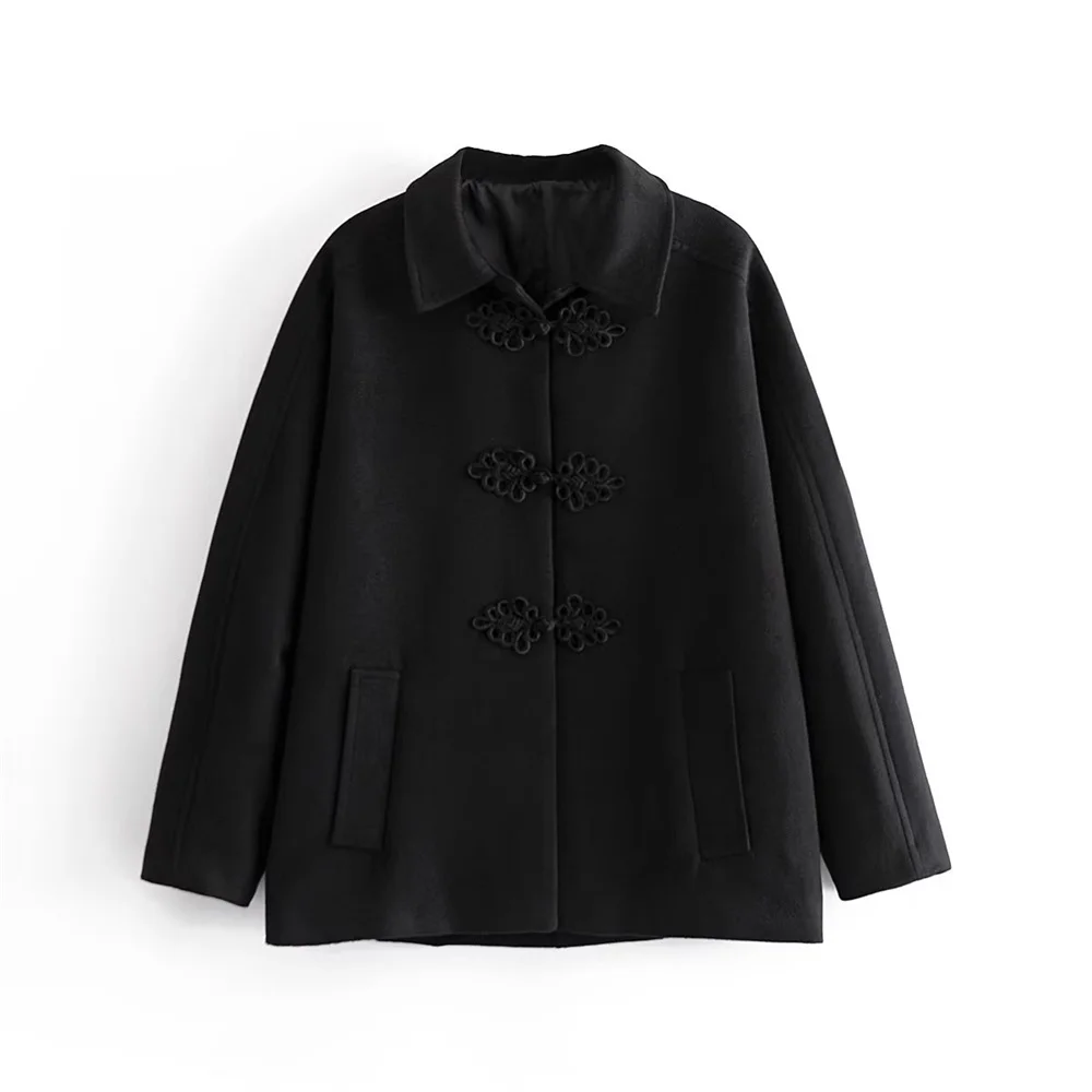 

PB&ZA 2022 Autumn New Women's Black Retro Casual Lapel Long-sleeved Rope Knot Buckle Woolen Loose Coat 8464298