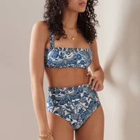 blue printed two piece sling swimsuit pleated straps retro high waist micro bikini 2022 pool swimwear push up beachwear