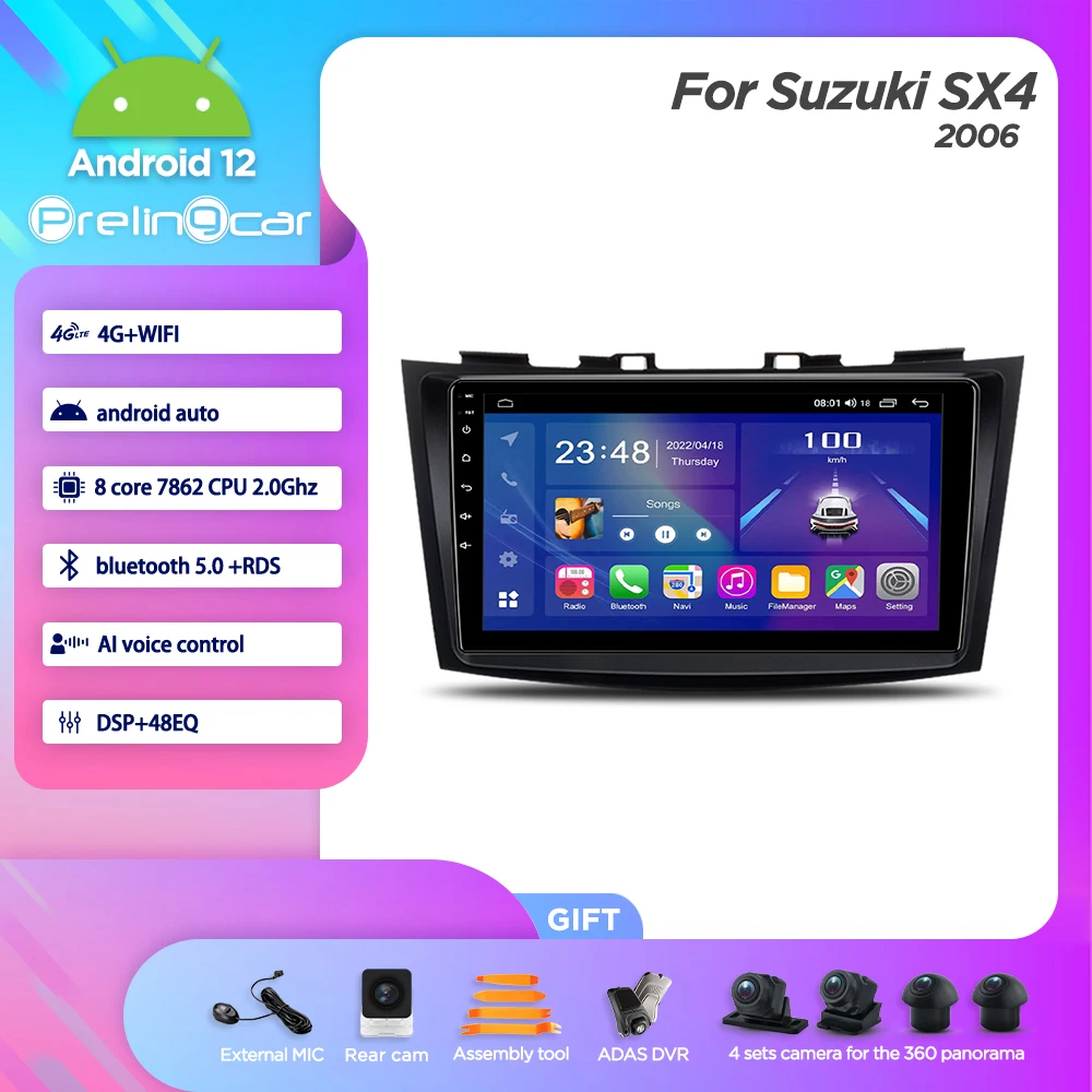 

8G + 128G 360Cam Android 12,0 плеер для Suzuki SX4 2006 лет Автомагнитола Мультимедиа Видео Carplay Навигация стерео GPS 8 ядер