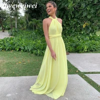 loveweiwei yellow halter neck evening dresses sleeveless prom gown a line pleat formal dresses elagant wedding party dresses