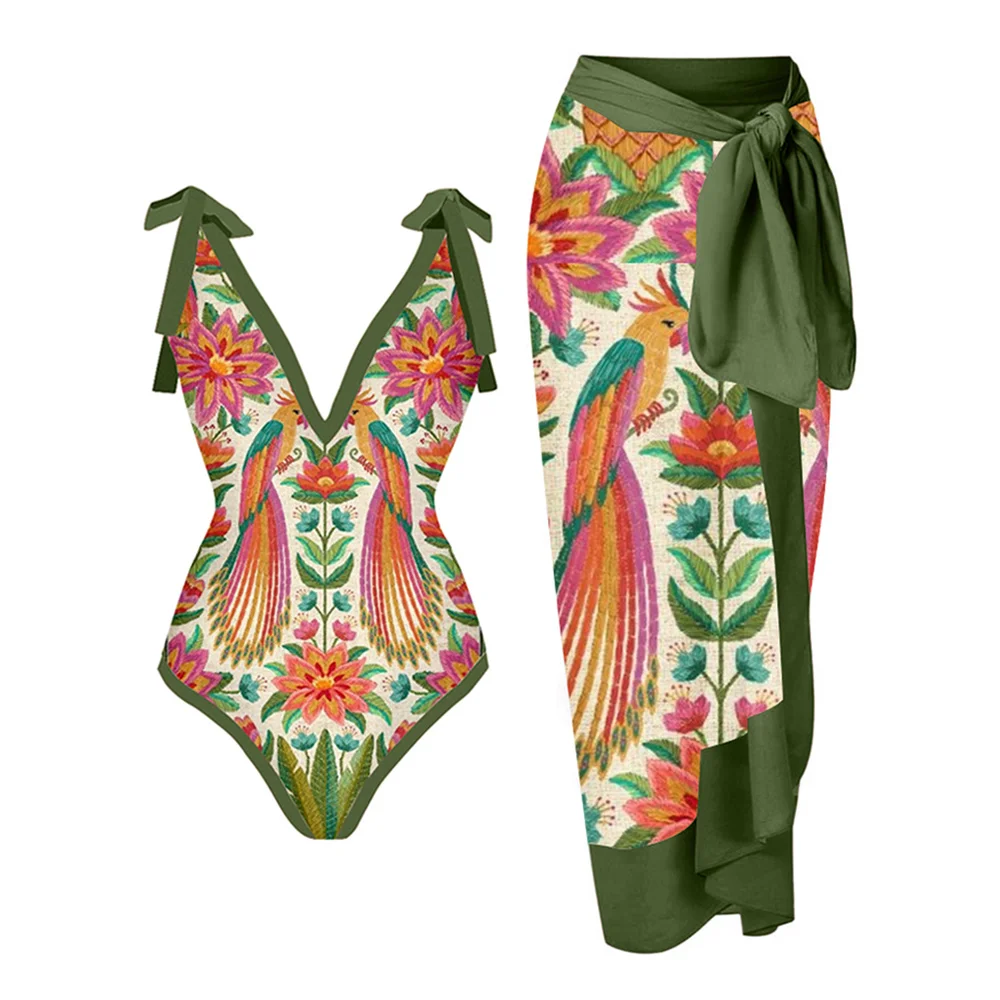 Vintage V-Neck Animal Print One-Piece Swimsuit Female Retro Holiday Beach Dress Designer Bathing Suit Summer Surf Wear