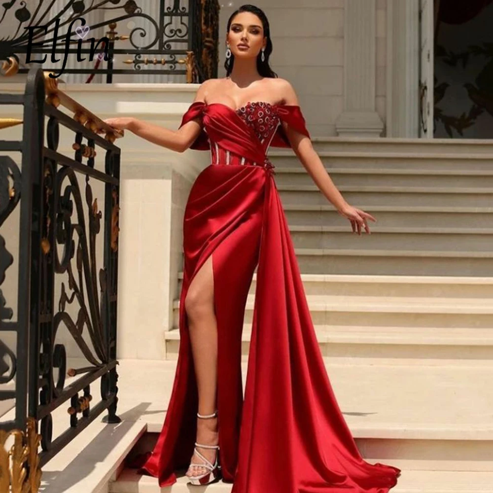 

Elfin Elegant YF012 Evening Dress For Wedding Party Satin Off The Shoulder Beaded Side Split Pleats Arabic Dubai Red Prom Gowns