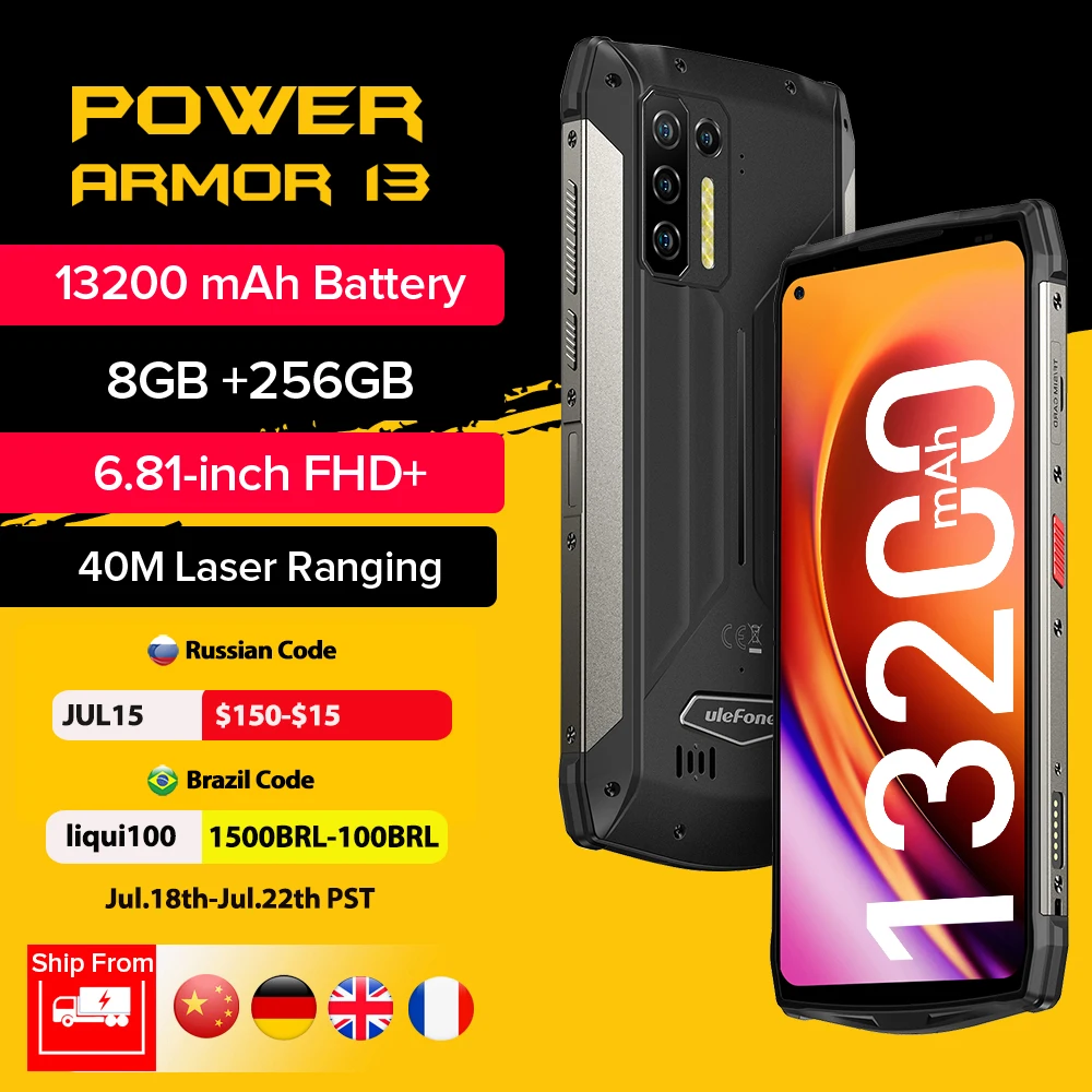 Ulefone Power Armor 13 13200mAh Rugged Phone 256GB Android 11 Waterproof Smartphone 6.81” 2.4G/5G WLAN Mobile Phones NFC Global