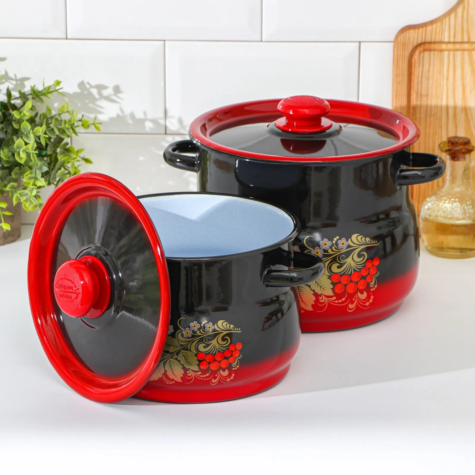 Набор кастрюль Рябинка 2 предмета: 4/5 5 л эмалированные крышки индукция цвет