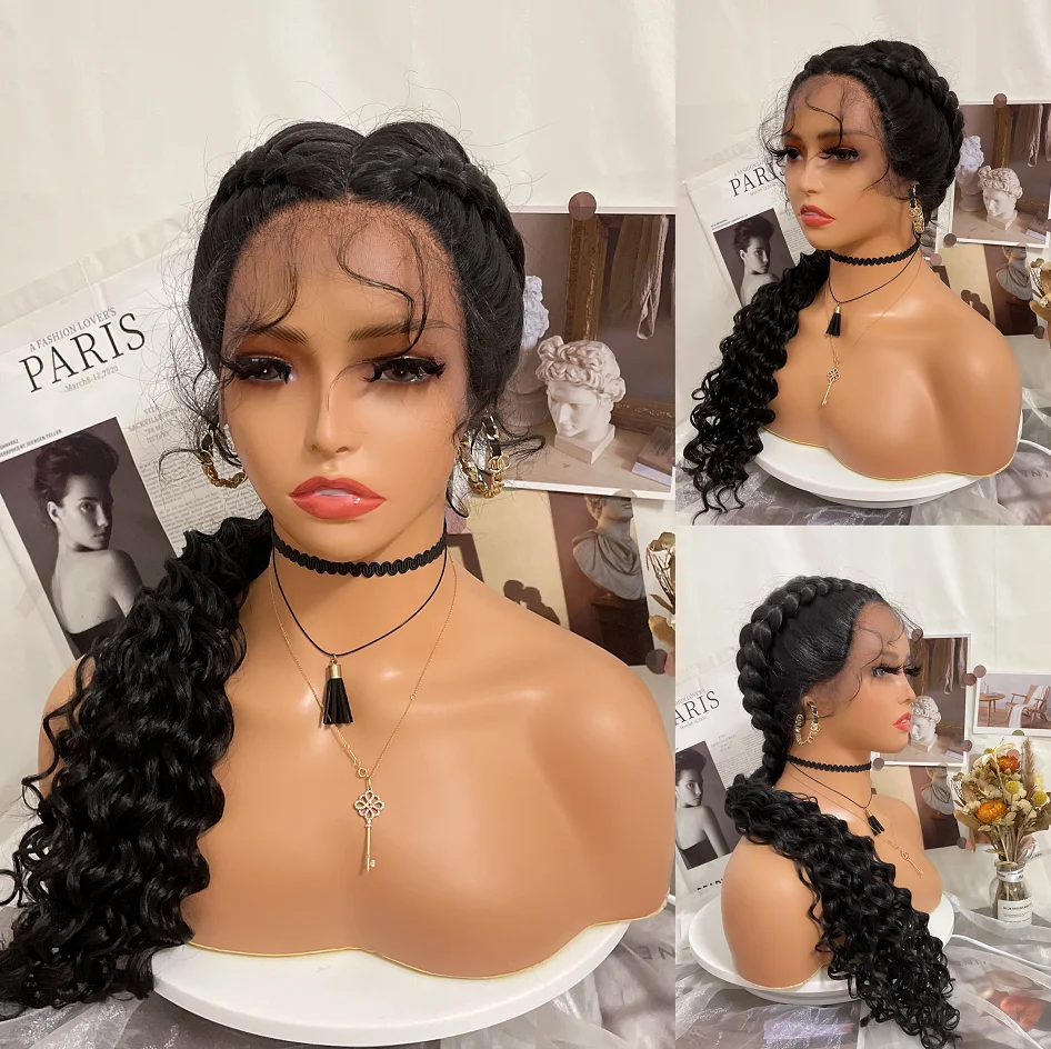 WIGERA Synthetic Natural Black  #1B Three-strand Braid + Curls  Braided Wigs  Lace Front  With Baby Hair  For Women