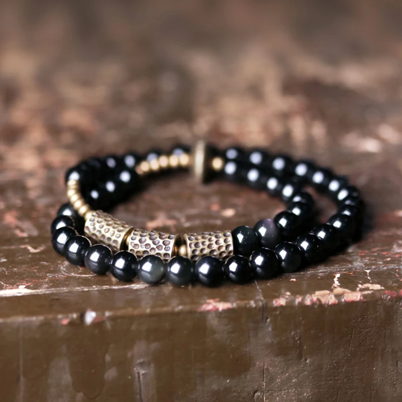

Crystal Obsidian Beads Bracelet Hammered Brass Two Row Health Unisex Jewelry for Women Unique Jewelry trend 2022 Wholesale lots