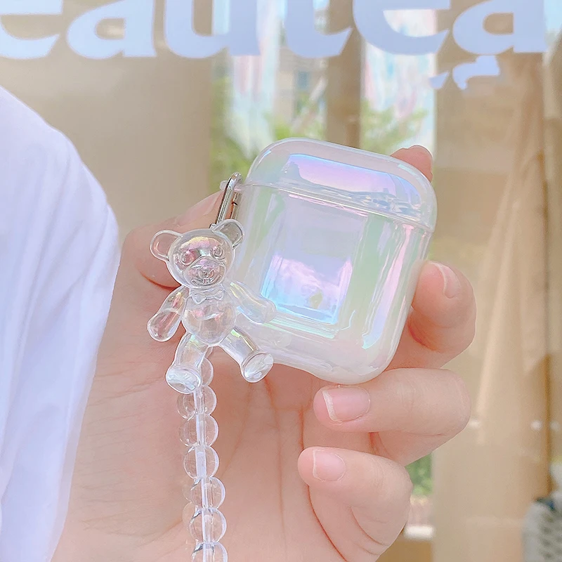 

Радужный Прозрачный чехол для браслета, красивый жесткий чехол для наушников Airpods 1, 2 Pro, 3-й Симпатичный 3D чехол с медведем и цепочкой для нау...