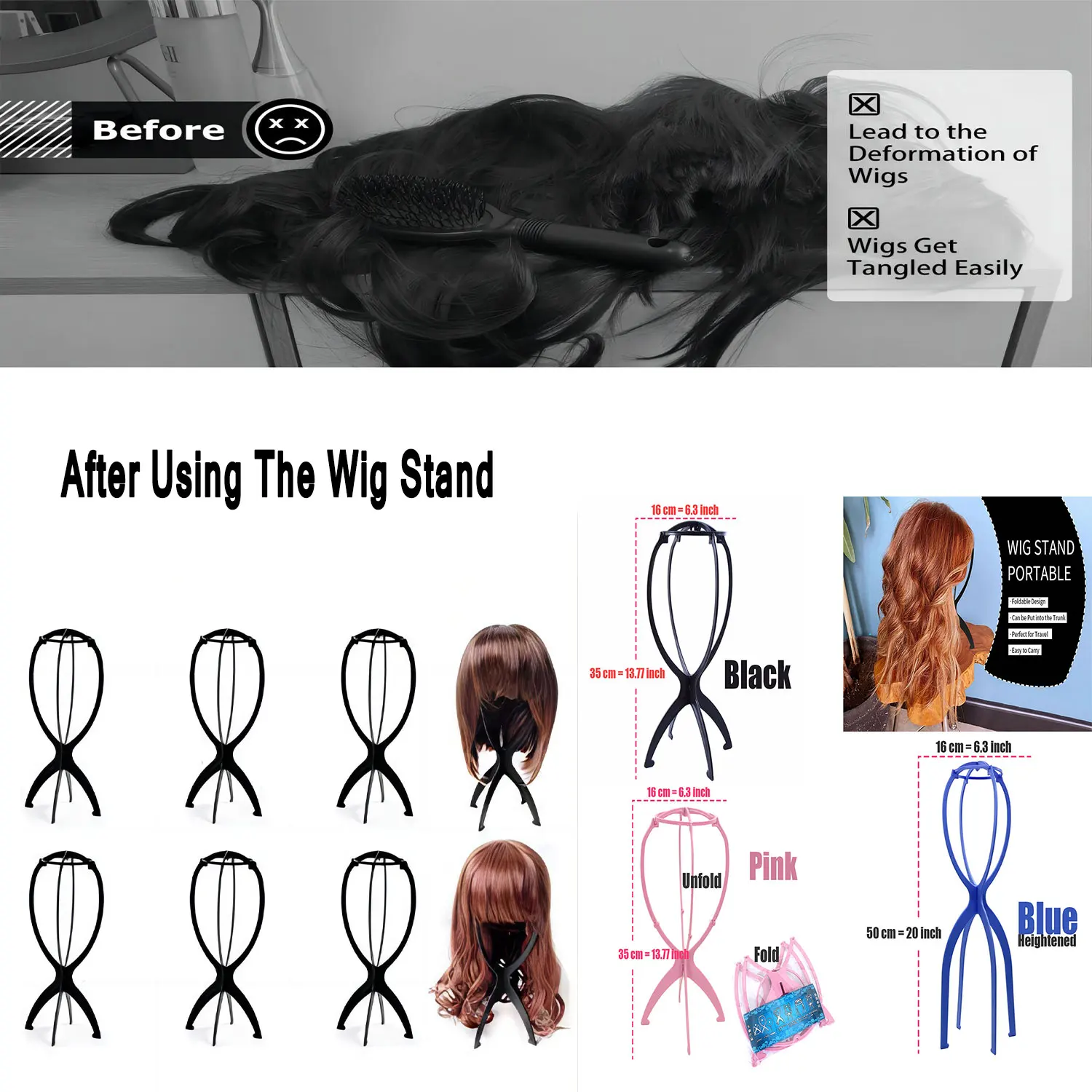 

1PC Colorful Ajustable Wig Stands Plastic Hat Display Wig Head Holders 16x35cm Mannequin Head/Stand Portable Folding Wig Stand