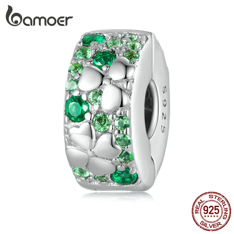 

Bamoer Four-leaf-clover-Round Clip Beads Charms 925 Sterling Silver Plant CZ Pendants for Original Bracelet Bangle Women Jewelry