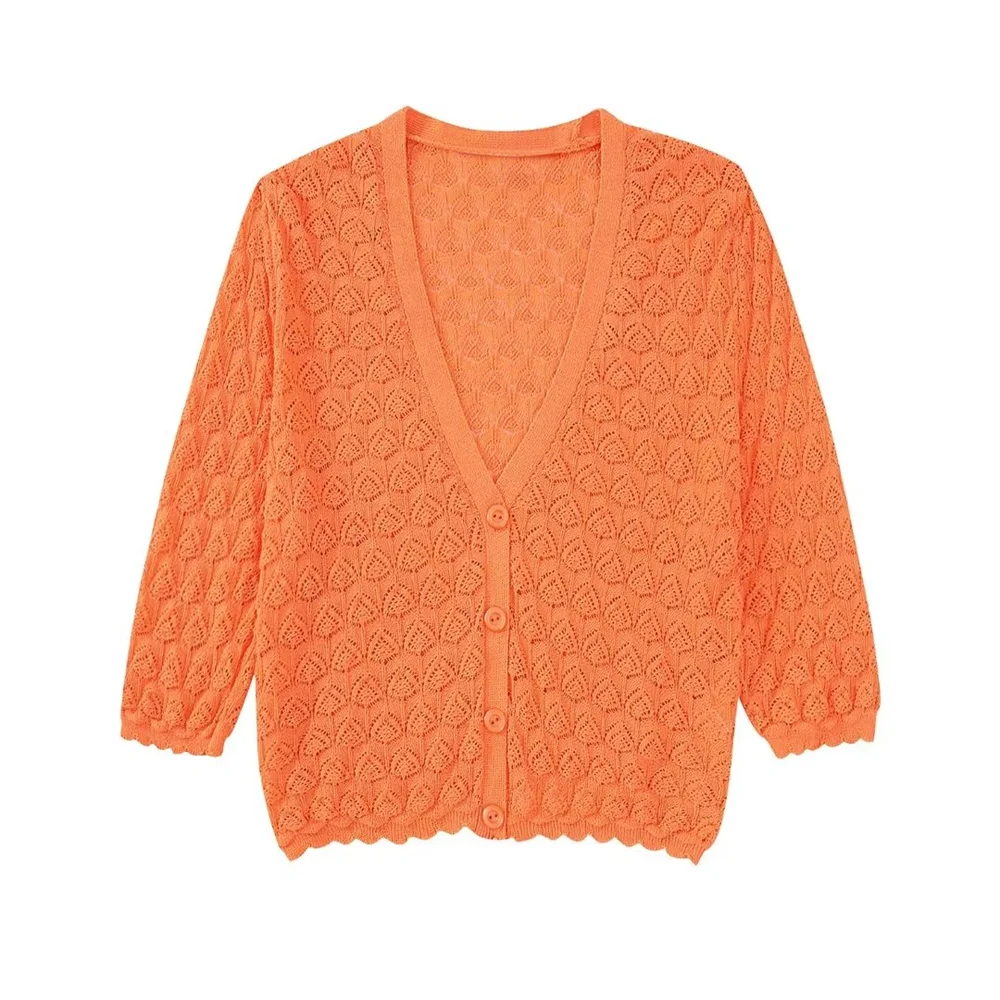 

Женский трикотажный кардиган на пуговицах PB & ZA, однотонный Повседневный короткий кардиган с V-образным вырезом и вырезами, верхняя одежда с ...