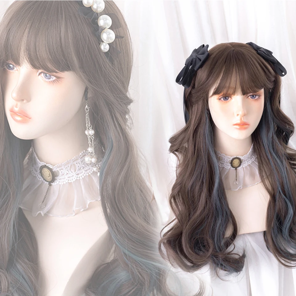 WTB Synthetic Long Brown Mixed Haze Blue Wavy Wigs for Women Heat Resistant Natural Cospaly Party Wig with Bangs Lolita Hair