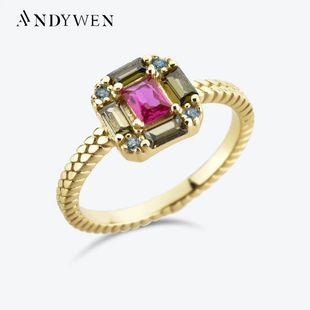 ANDYWEN 925 Sterling Silver Gold Clear CZ Square Olive Rose Red Ring Big Band 2022 Women Wedding Jewelry 2022 Crystal CZ