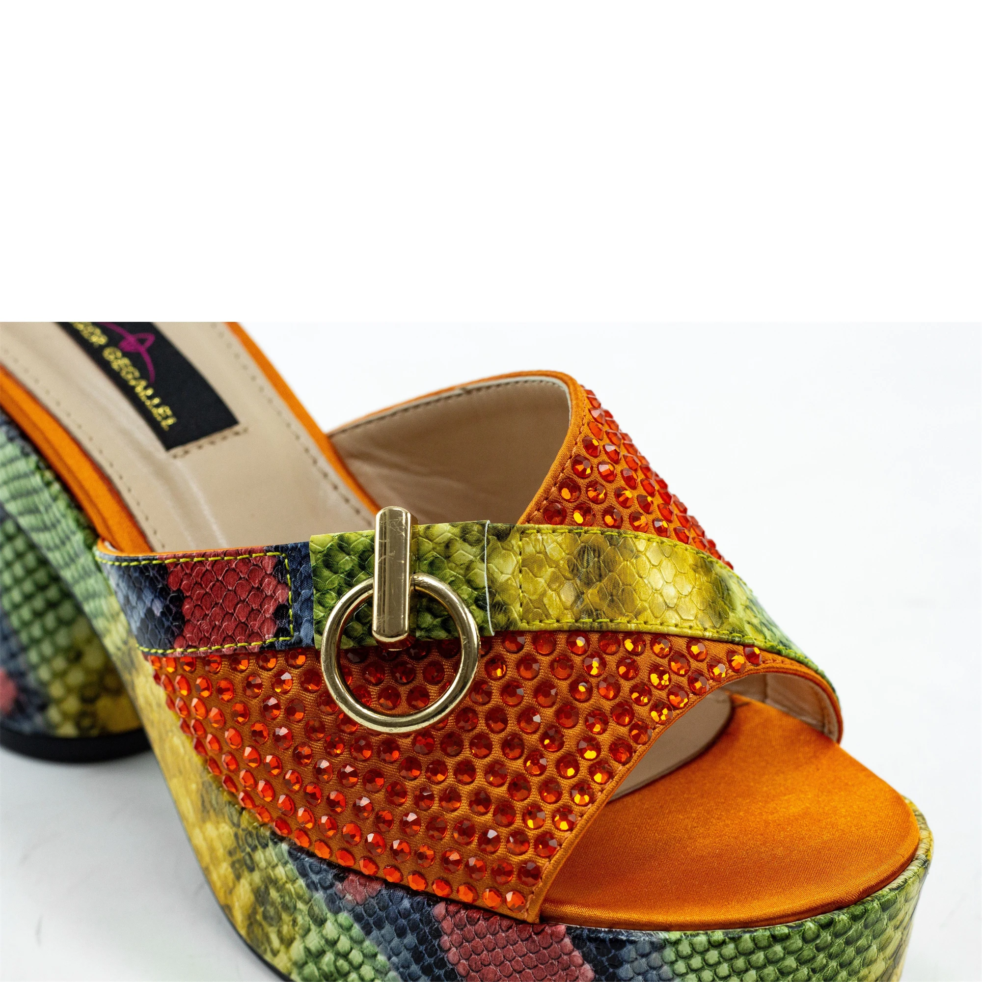 US Brand Geriger Gegallel Women Designer Sandals Orange Leather High Heels for Women Party Glitter Sandals Chunky Platform Mules