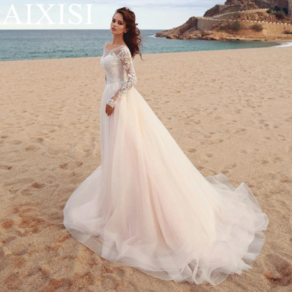 

Aixisi Bohemia Wedding Dresses A-Line Vestidos De Novia Robe De Mariee Appliques Lace V-neck Backless Full Sleeve Illusion