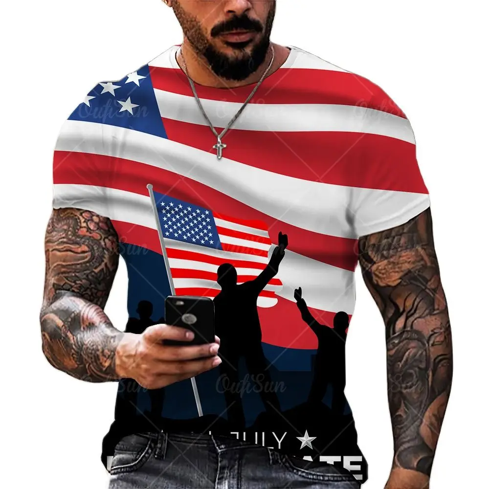 Men's T-shirt American Flag Print T-shirt Summer Round Neck Cool Oversize Muscle Streetwear Clothing Tshirt Men Pullover
