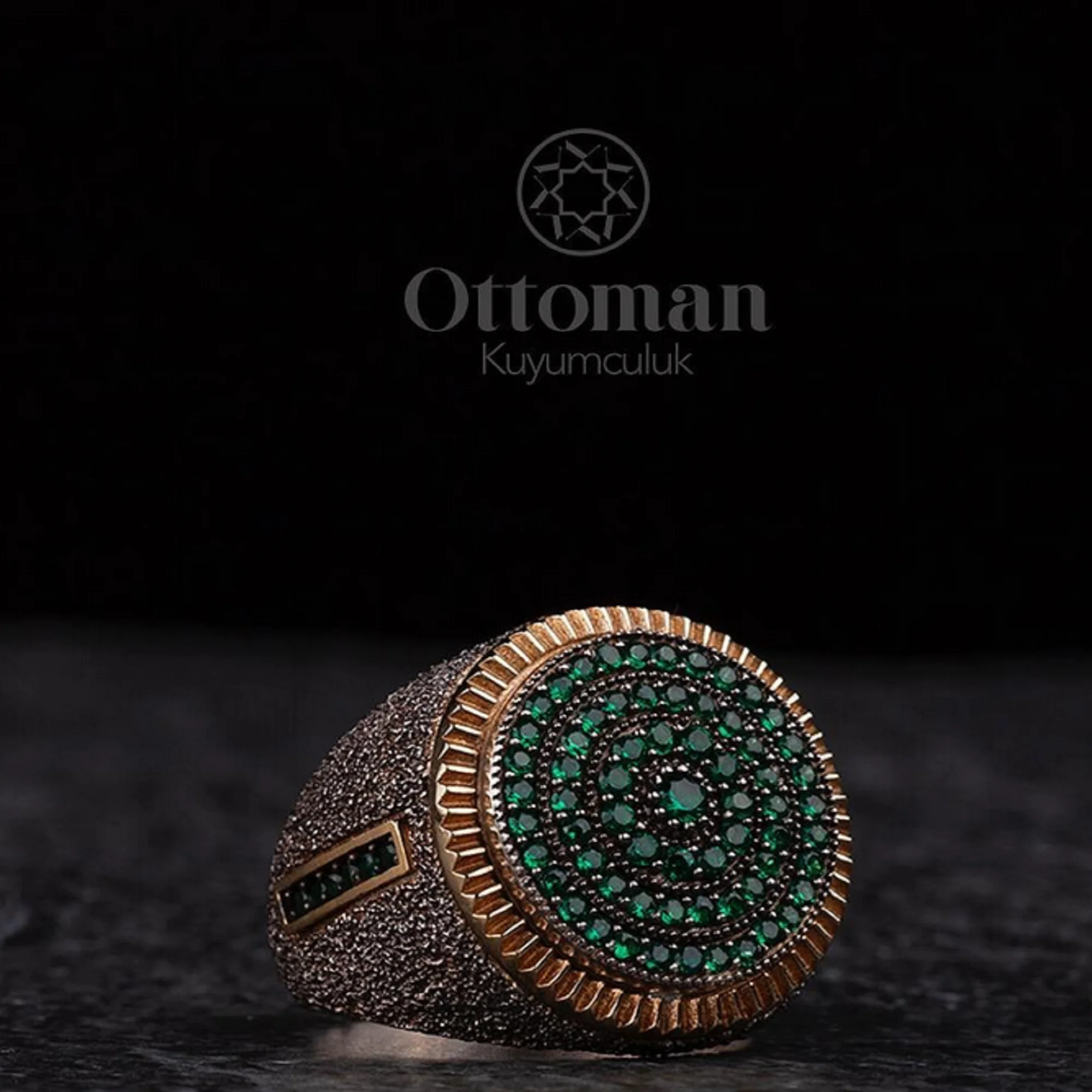 Ottoman Textured Green Our Silver Ring In Our Model With Sandblasting Black Texture Applied It is Decorated With Green Stones