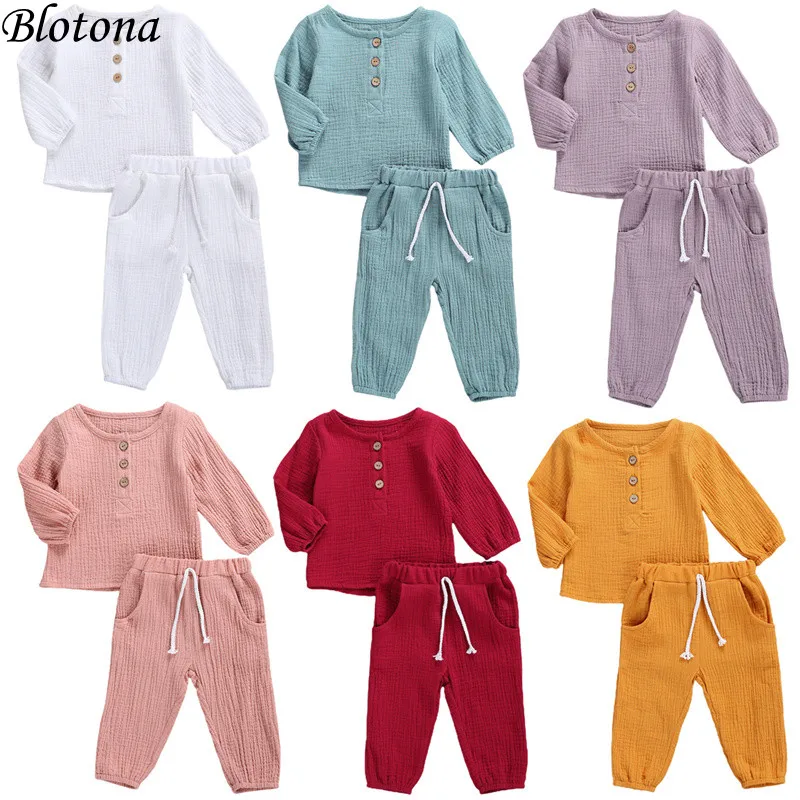 Blotona Baby Boy Girl Cotton Linen Long Sleeve Long Pants Round Collar Pocket 2Pcs Set Double-sided Wrinkle Button Outfits 6M-5Y