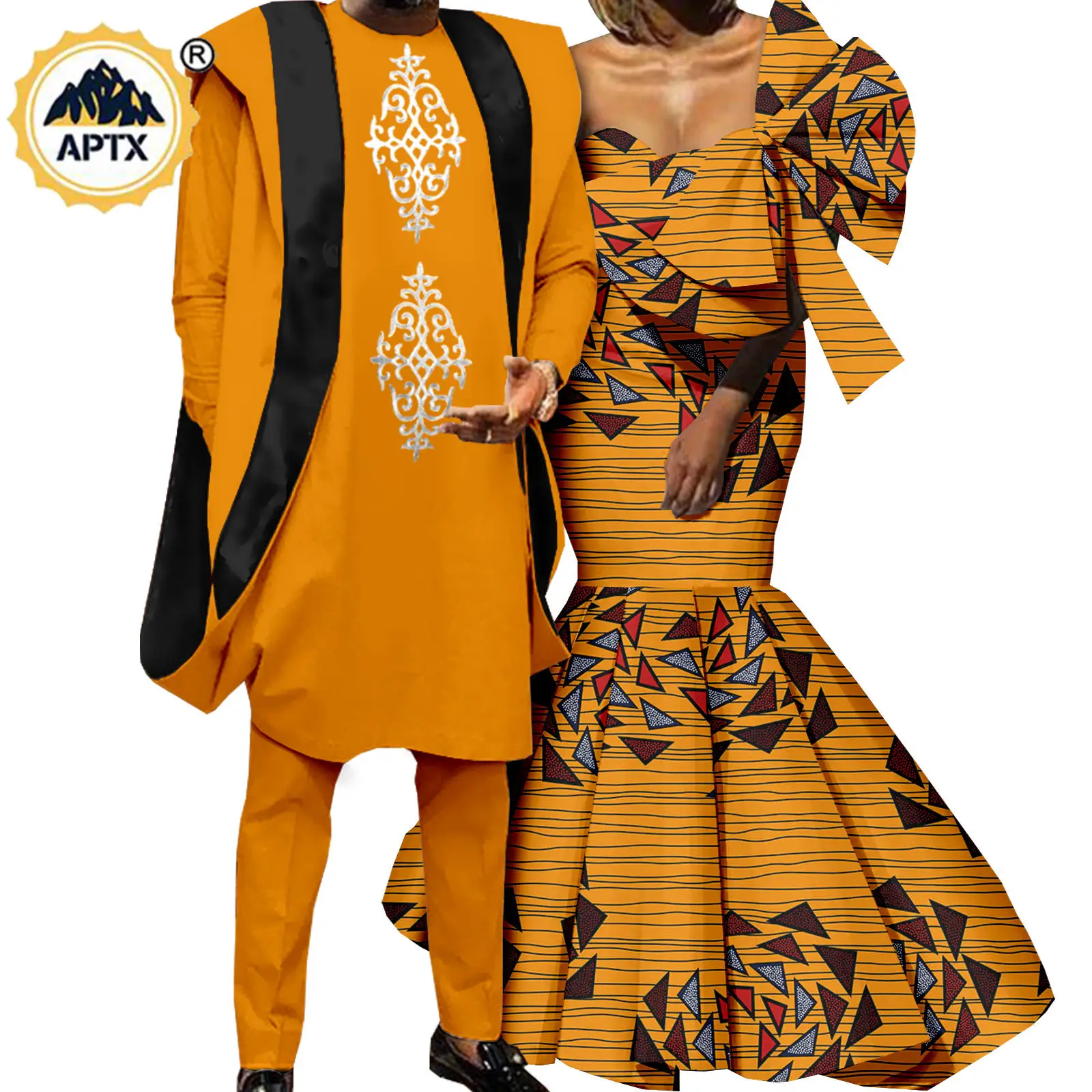 

Dashiki African Women Mermaid Dresses Match Men Outfits Bazin Riche Robes Shirt and Pants Sets African Couple Clothes Y22C037