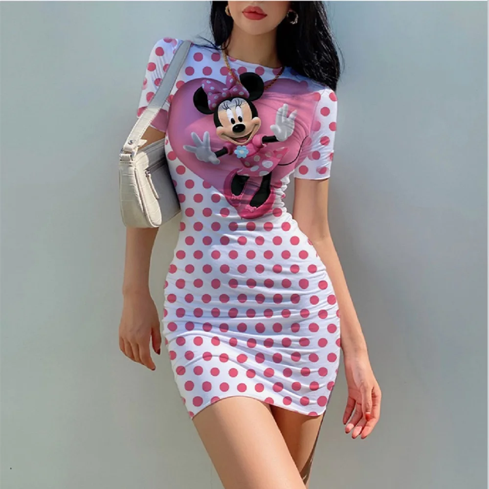 

2023 Disney Minnie Mickey Mouse Round Neck Short Sleeve Bodysuit Mini Dress Women Summer Sexy Hip Party Club Fitted Body Dress