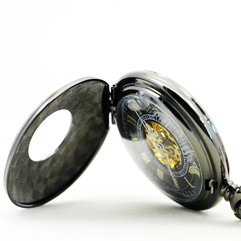 Vintage Charm Black Unisex Roman Number Mechanical Steampunk Pocket Watch Women Man Hand Wind Necklace Pendant with Chain Gifts