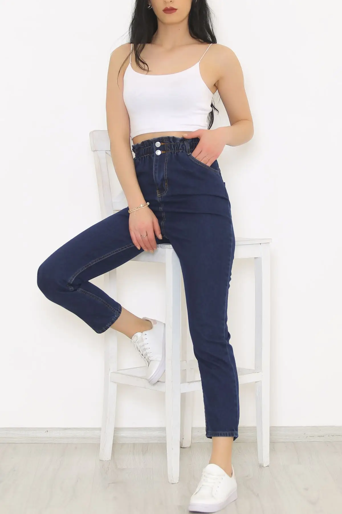 

Women's Dark Blue Waist Elasticized Mom Jeans Pantalon New Season Free Shipping