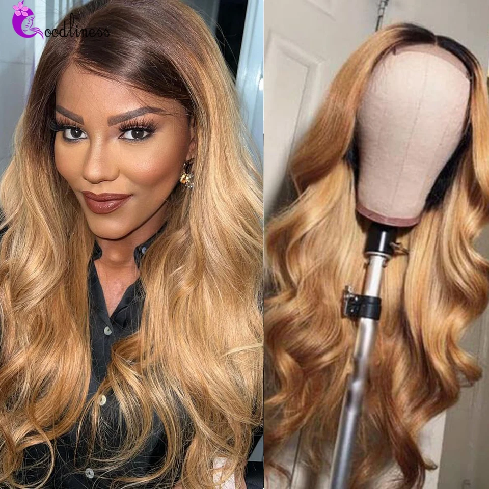 

Ombre Lace Front Wig Color Brown 1B 27 Honey Blonde Body Wave 13x4 Hd Transparent Lace Frontal Human Hair Wigs For Women 180%