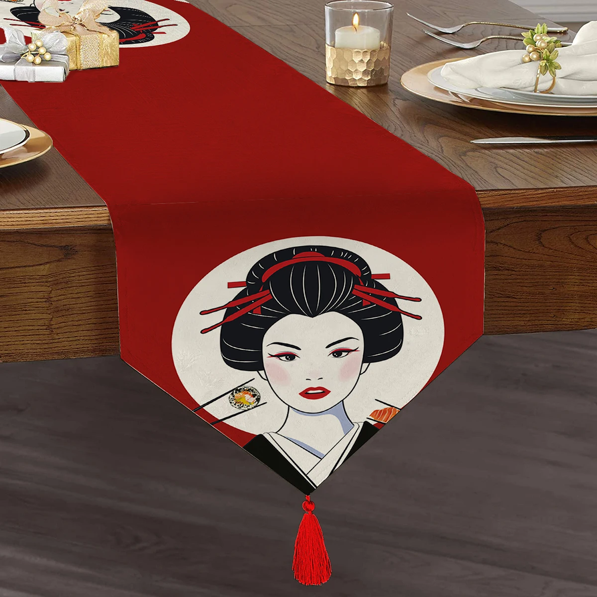 

Patterned Japanese Girl Eating Sushi Modern Tasseled Chenille Triangle Runner, Decorative Runner, Gift Runner, Table Decoration