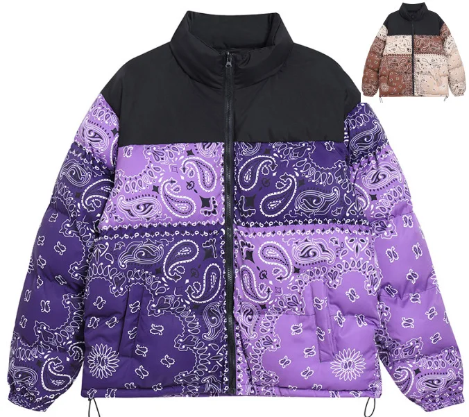 Fashion High Street Winter New Men'S Cotton-Padded Jacket Youth Cashew Flower Print Contrasting Color Thickened Zip Jacket